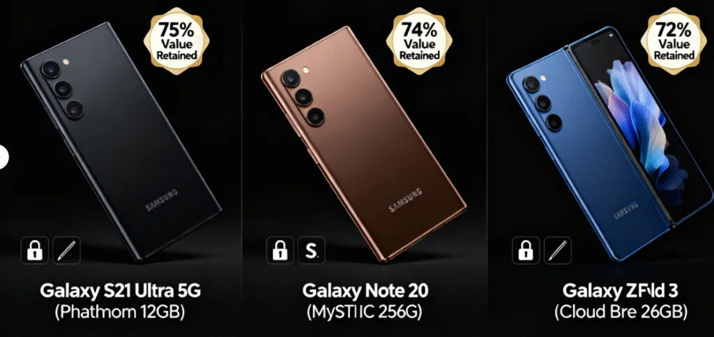 Side-by-side graphic of Samsung Galaxy S21 Ultra 5G (Phantom Black), Note 20 Ultra (Mystic Bronze), and Z Fold 3 (Cloud Navy) with value retention percentages (75%, 74%, 72%) and key feature icons